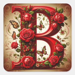 Elegant Red Letter B by Roses and Butterfly Square Sticker