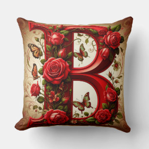 Elegant Red Letter B by Roses and Butterfly Throw Pillow