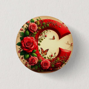 Elegant Red Letter C by Roses and Butterfly 1 Inch Round Button