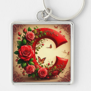 Elegant Red Letter C by Roses and Butterfly Keychain