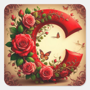 Elegant Red Letter C by Roses and Butterfly Square Sticker
