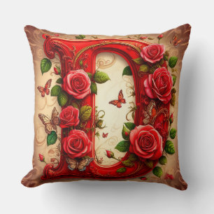 Elegant Red Letter D by Roses and Butterfly Throw Pillow