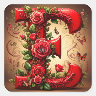 Elegant Red Letter E by Roses and Butterfly Square Sticker