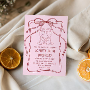 Elegant Red Line Art Bow & Champagne 30th Birthday Invitation