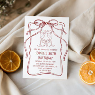 Elegant Red Line Art Bow & Champagne 30th Birthday Invitation