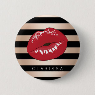 elegant red lips rose gold black stripes pattern 2 inch round button