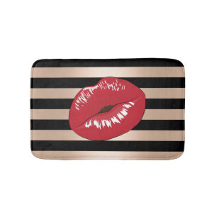elegant red lips rose gold black stripes pattern bath mat