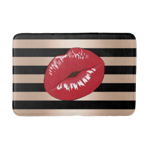 elegant red lips rose gold black stripes pattern bath mat