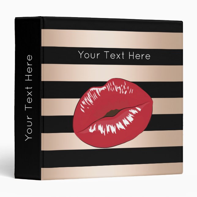 elegant red lips rose gold black stripes pattern binder (Front/Spine)