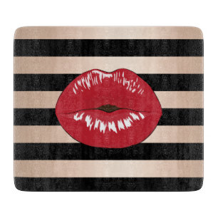 elegant red lips rose gold black stripes pattern cutting board