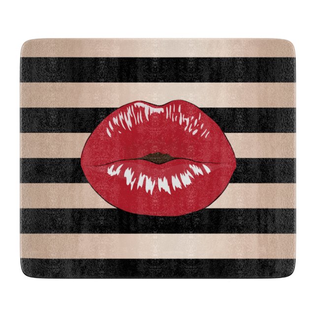 elegant red lips rose gold black stripes pattern cutting board (Front)
