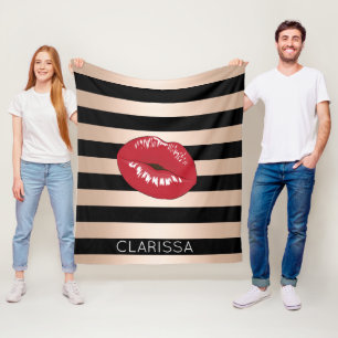 elegant red lips rose gold black stripes pattern fleece blanket