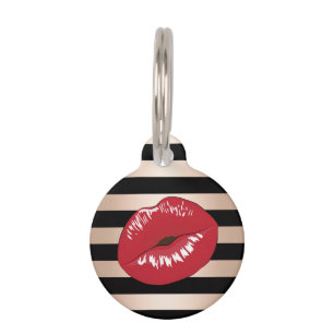 elegant red lips rose gold black stripes pattern pet tag