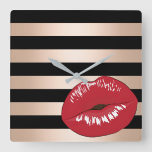 elegant red lips rose gold black stripes pattern square wall clock