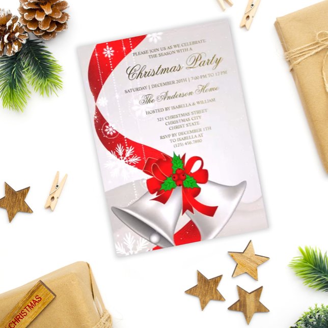 Elegant Red Loop Silver Bells Christmas Invitation (Creator Uploaded)