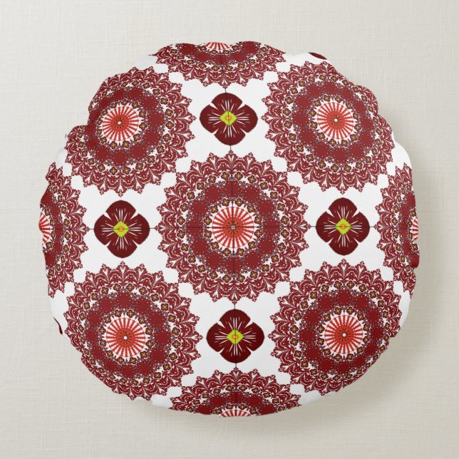 Elegant Red Mandala Geometric Bedroom & Home Texti Round Pillow (Front)