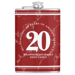 Elegant Red Marble 20 Years Work Anniversary Hip Flask