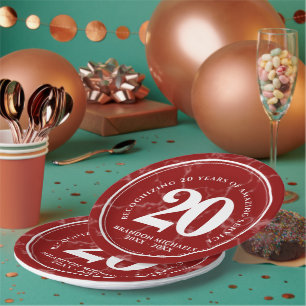 Elegant Red Marble 20 Years Work Anniversary Paper Plate
