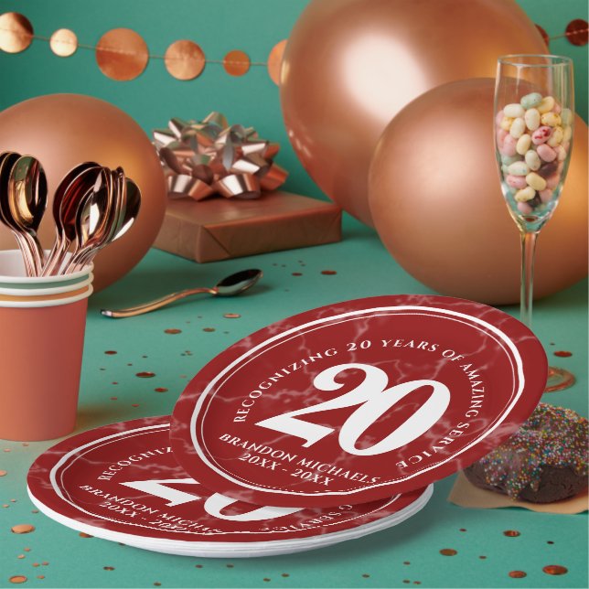 Elegant Red Marble 20 Years Work Anniversary Paper Plate (Multi)