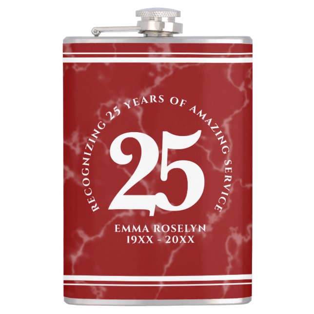 Elegant Red Marble 25 Years Work Anniversary Hip Flask (Front)