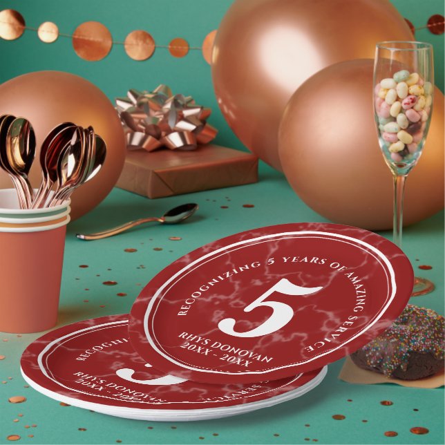 Elegant Red Marble 5 Years Work Anniversary Paper Plate (Multi)