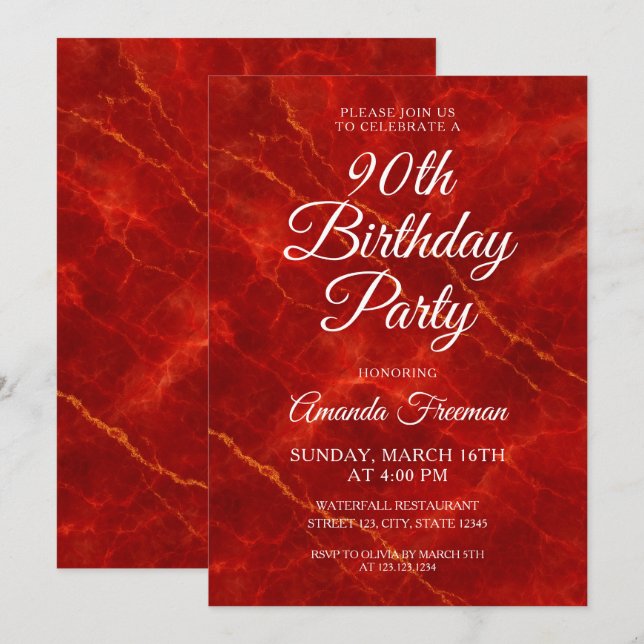 Elegant Red Marble 90th Birthday Invitation (Front/Back)