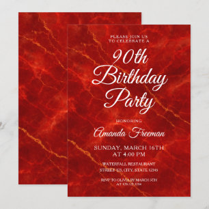 Elegant Red Marble 90th Birthday Invitation