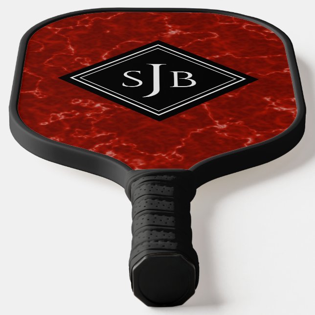 Elegant Red Marble Black Diamond Monogram Pickleball Paddle (Laydown)