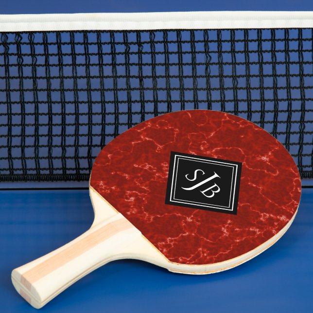 Elegant Red Marble Black Diamond Monogram Ping Pong Paddle (Insitu)