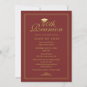 Elegant Red Maroon Gold 40th Class Reunion Invitation