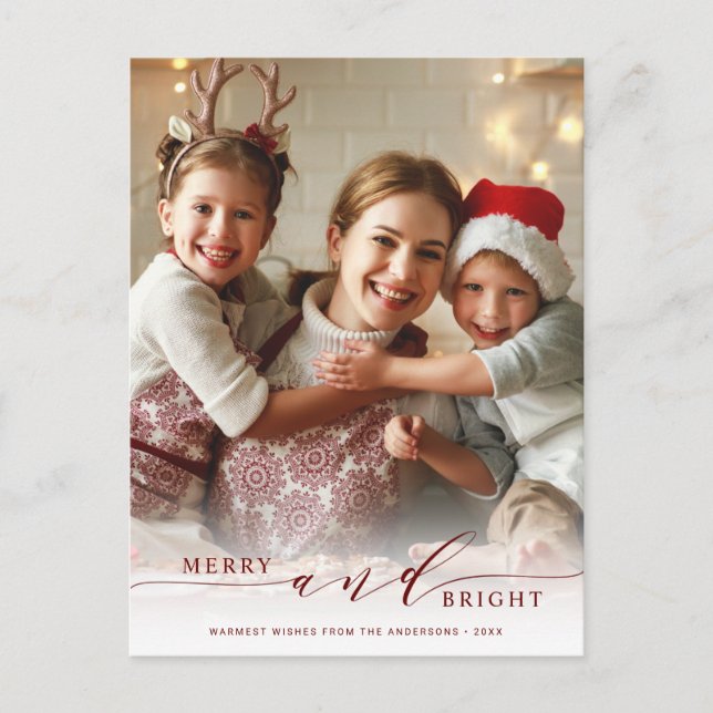 Elegant Red Merry and Bright Photo Holiday Postcard (Front)