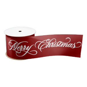 Elegant Red Merry Christmas Calligraphy Holiday Satin Ribbon