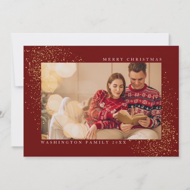 Elegant Red Merry Christmas Gold Glitter Holiday Card (Front)