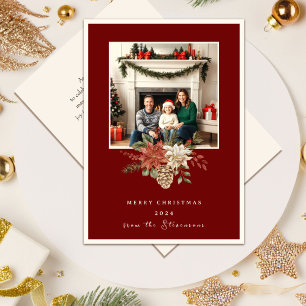 Elegant Red Merry Christmas Poinsettia Photo Holiday Card