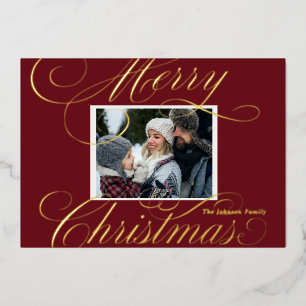 Elegant Red Merry Christmas Script Photo  Foil Holiday Card