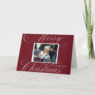 Elegant Red Merry Christmas Script Photo Holiday Card