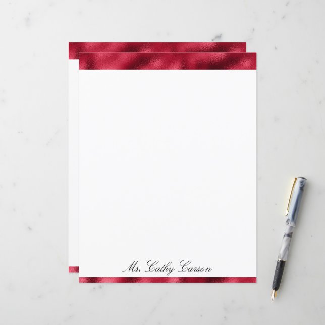 Elegant Red Metallic Satin Name Shiny Stationary (Front/Back In Situ)