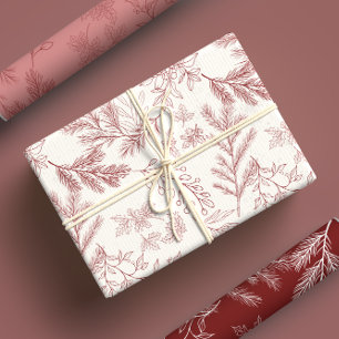 Elegant Red Monochrome Rustic Winter Botanicals Wrapping Paper Sheet