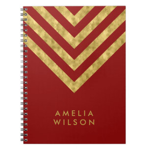 Elegant Red Name Faux Gold Chevron Pattern Notebook