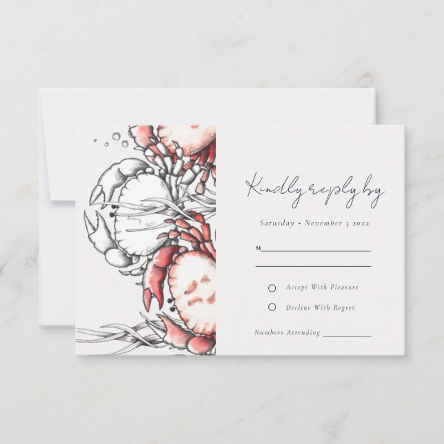 Elegant Red Navy Underwater Crab Coastal Wedding RSVP Card (Front)