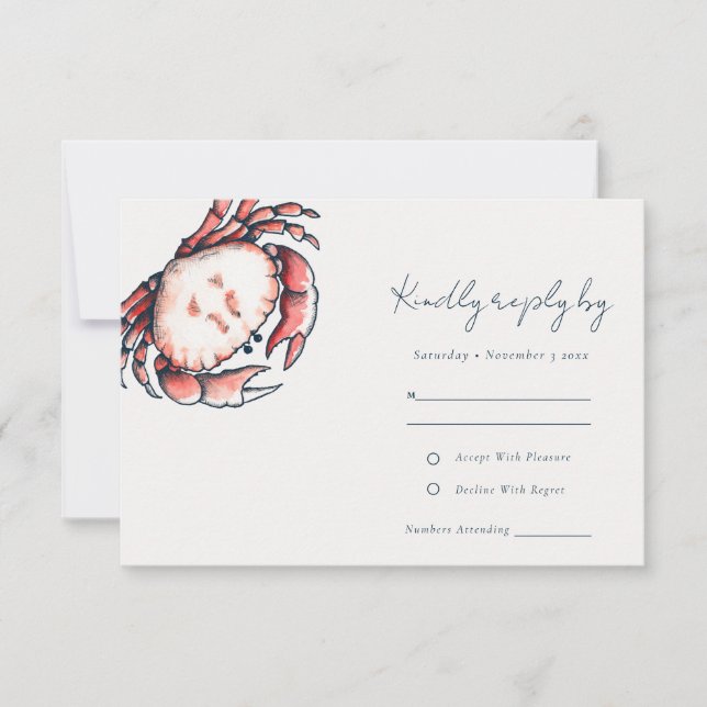 Elegant Red Navy Underwater Crab Coastal Wedding RSVP Card (Front)