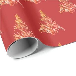 Elegant Red Orange Christmas Tree Pattern Wrapping Paper