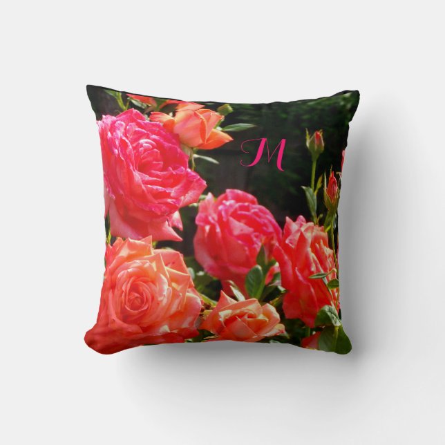 Elegant red orange coral roses rose garden throw pillow (Front)