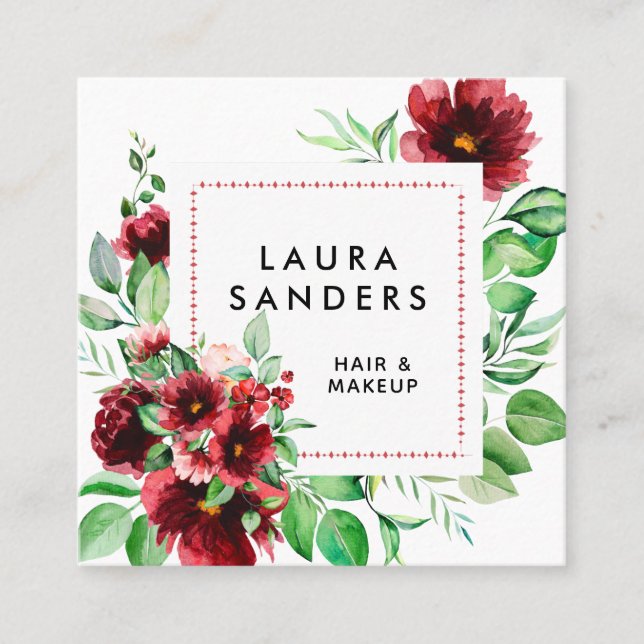 Elegant Red Orange Flower Hair & Makeup Square Business Card (Front)