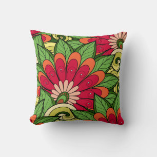Elegant Red Orange Green Flowers And Swirl Throw Pillow