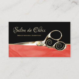 Elegant Red Orange Marble Gold Scissors Hair Salon Business Card