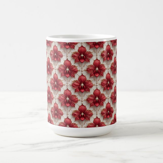 Elegant Red Orchid Pattern With Pearl Beads Coffee Mug (Center)