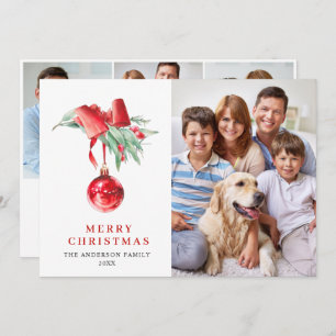 Elegant Red Ornament Christmas Greeting 4 PHOTO Holiday Card