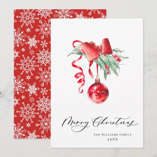 Elegant Red Ornament Merry Christmas Greeting Holiday Card (Front/Back)