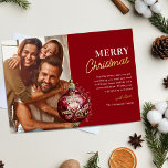 Elegant Red Ornament Photo Christmas Foil Holiday Card<br><div class="desc">Sophisticated family christmas holiday card featuring a traditional red background,  an elegant red & gold foil xmas ornament,  your family name,  message,  and a photo template for you to replace with your own.</div>